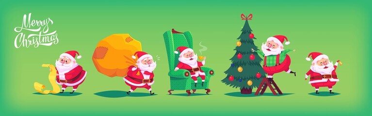 Collection of cartoon vector Santa Claus icons. Christmas illustration