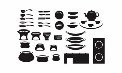 Collection of Indonesian Traditional cooking utensil silhouette vector illustration