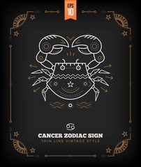Vintage thin line Cancer zodiac sign label. Retro vector astrological symbol, mystic, sacred geometry element, emblem, logo. Stroke outline illustration.