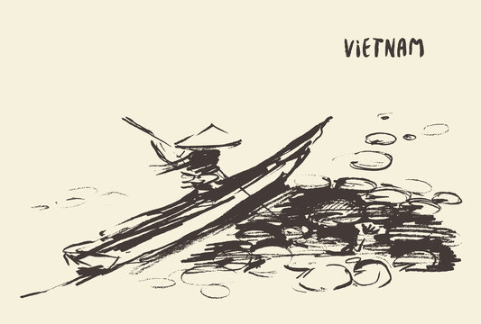 Person boat river vietnam vector hand drawn