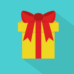 Yellow gift with red bow flat icon.