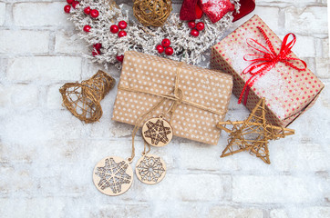 Christmas wreath, gift and wooden toys for decoration 