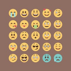 Set of flat solid color emoticons, emoji isolated on brown background, vector illustration.