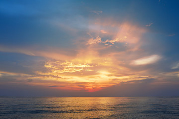 Beautiful blue sky over the sea at tropical sunset beach in the evening. Leam Sadej Beach, Chanthaburi, Thailand. copy space or background.