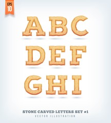 Stone carved letters, numbers and typeface symbols. Vector illustration.
