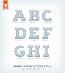 Stone carved letters, numbers and typeface symbols. Vector illustration.