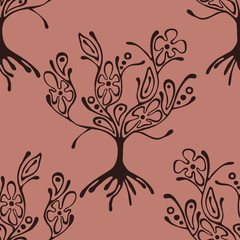 Obraz na płótnie Canvas Seamless pattern, vector hand drawn repeating illustration, decorative ornamental stylized endless trees. Red abstract background, seamles graphic illustration Artistic line drawing silhouette