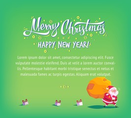 Cute cartoon Santa Claus delivering gifts in big bag Merry Christmas vector illustration Greeting card poster