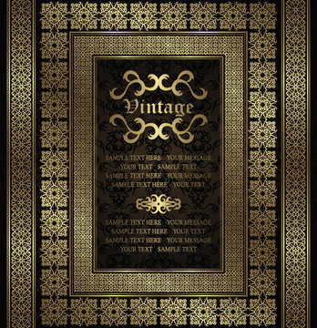 Vintage invitation with a gold frame and borders on seamless background