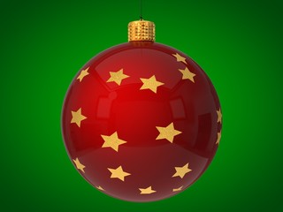 red christmas bauble with golden stars on surface