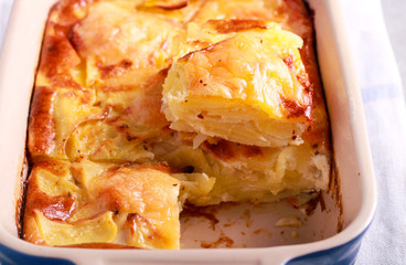 Dauphinoise potato gratin in a tin