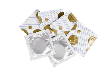 Condoms in pack on white background