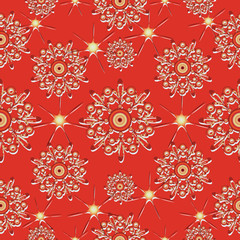 Stars and snowflakes on a red background. Seamless pattern. Design for textiles, tapestries, napkins, wrapping paper.