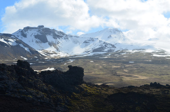Glacier View from Eldborg Crater in Iceland