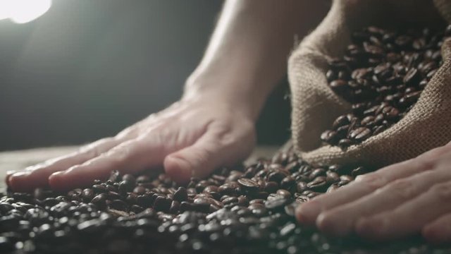 human hands to touch high-quality coffee beans to scatter, bag jute, slow motion