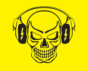  Vector illustration, the skull listening to music on headphones on a yellow background.
