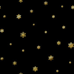 Christmas snowflake seamless pattern. Gold snow black background. Golden abstract wallpaper, wrapping texture. Symbol winter, Merry Xmas holiday, Happy New Year celebration. Vector illustration