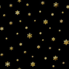 Christmas snowflake seamless pattern. Gold snow black background. Golden abstract wallpaper, wrapping texture. Symbol winter, Merry Xmas holiday, Happy New Year celebration. Vector illustration