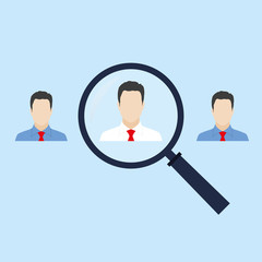 Fototapeta na wymiar Human resources and recruitment symbol. HR looking for worker with magnifying glass. Customer target concept with magnifier and man icon inside. Vector illustration.