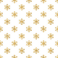 Christmas snowflake seamless pattern. Gold snow white background. Golden abstract shine wallpaper, wrapping texture. Symbol Merry Xmas holiday, Happy New Year celebration. Vector illustration