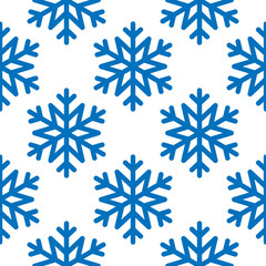 Fototapeta premium Snowflake simple seamless pattern. Blue snow on white background. Abstract wallpaper, wrapping decoration. Symbol of winter, Merry Christmas holiday, Happy New Year celebration Vector illustration