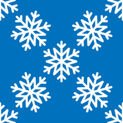 Snowflake simple seamless pattern. White snow on blue background. Abstract wallpaper, wrapping decoration. Symbol of winter, Merry Christmas holiday, Happy New Year celebration Vector illustration