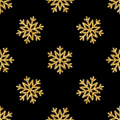 Christmas snowflake seamless pattern. Gold snow black background. Golden abstract shine wallpaper, wrapping texture. Symbol Merry Xmas holiday, Happy New Year celebration. Vector illustration