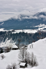 winter in romanian Carpathians mountains in a cloudy day. Pestera, Magura, Bran, Brasov. winter season 20015 / 20016