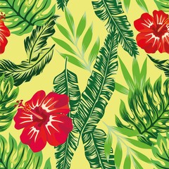 tropical hibiscus green plants pattern