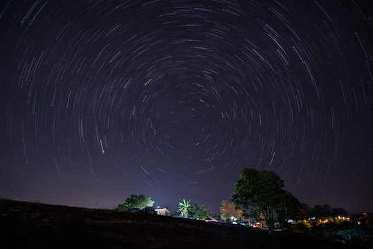 Night star-tail on tribe village in mountain.