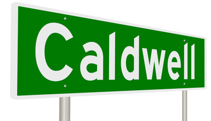 A 3d rendering of a green highway sign for Caldwell, Idaho