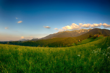 Obraz premium Evening, sunset on mountain hills of Simon village. Bran.