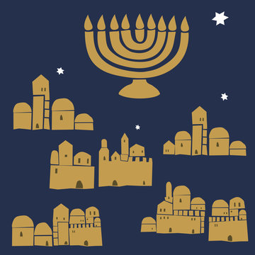 Old City,  Holiday Background with Hebrew text - Happy Hanukkah! 
