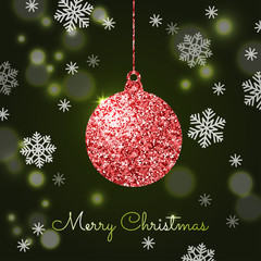 Merry Christmas background with red shiny bauble. Shining glitte