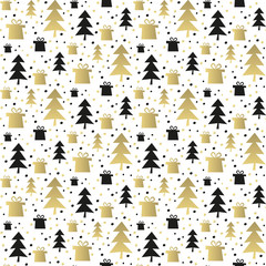 Seamless pattern with gold and black christmas trees.