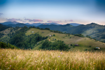 Obraz premium Evening, sunset on mountain hills of Simon village. Bran.