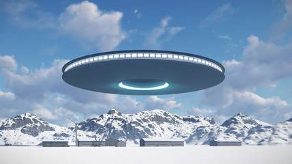 Naklejka na ściany i meble 3d UFO over industrial zone, factory, manufacturing, warehouse