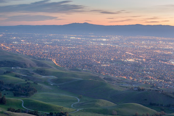 Silicon Valley and Green Hills at Dusk. Monument Peak, Ed R. Levin County Park, Milpitas,...
