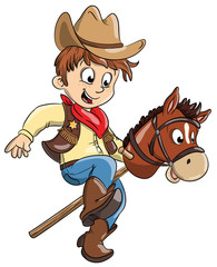 Vektor Illustration eines kleinen Cowboys mit Spielzeugpferd