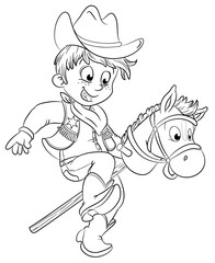Vektor Illustration eines kleinen Cowboys mit Spielzeugpferd