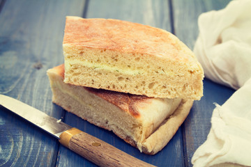 typical bread of island Madeira on blue background
