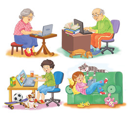 Communication by Internet. Cute grandmother, grandfather, boy and girl