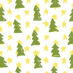 Vector Christmas simple hand drawn pattern with Cristmas trees