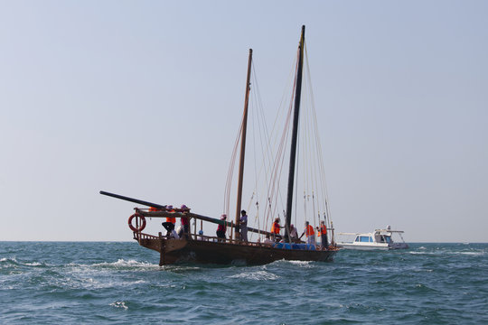 Racing traditional dhow in the Arabian Gulf, off Abu Dhabi