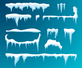 Set of snow icicles isolated on transparent background. Vector illustration