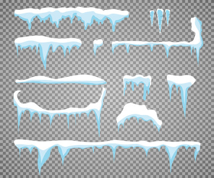 Set Of Snow Icicles Isolated On Transparent Background. Vector Illustration