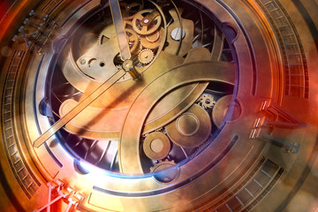 Abstaract 3d rendering illustration of watches with gears. Old looking metal with silver and glass elements. Detailed structures. Particles and glow elements.