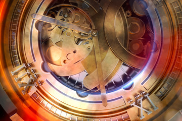 Abstaract 3d rendering illustration of watches with gears. Old looking metal with silver and glass elements. Detailed structures. Particles and glow elements.