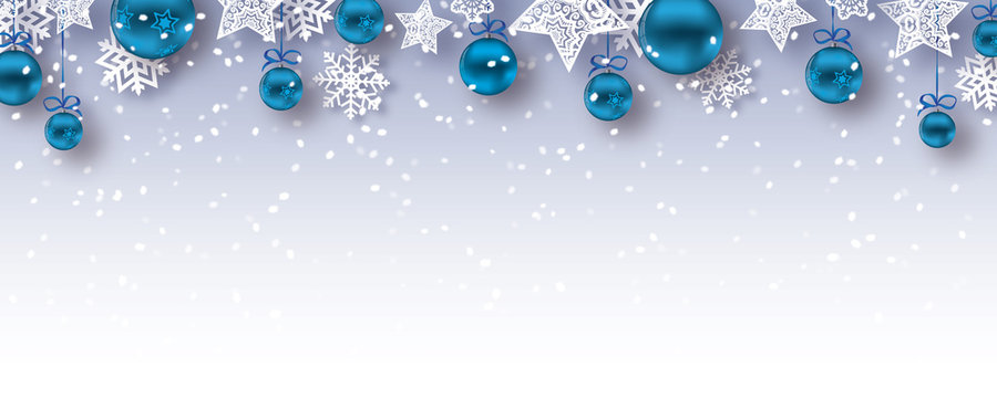 christmas baubles banner  - vector xmas / happy new year background (blue)