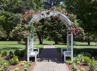 Flower trellis over brick walkway with trees in background. Horizontal.